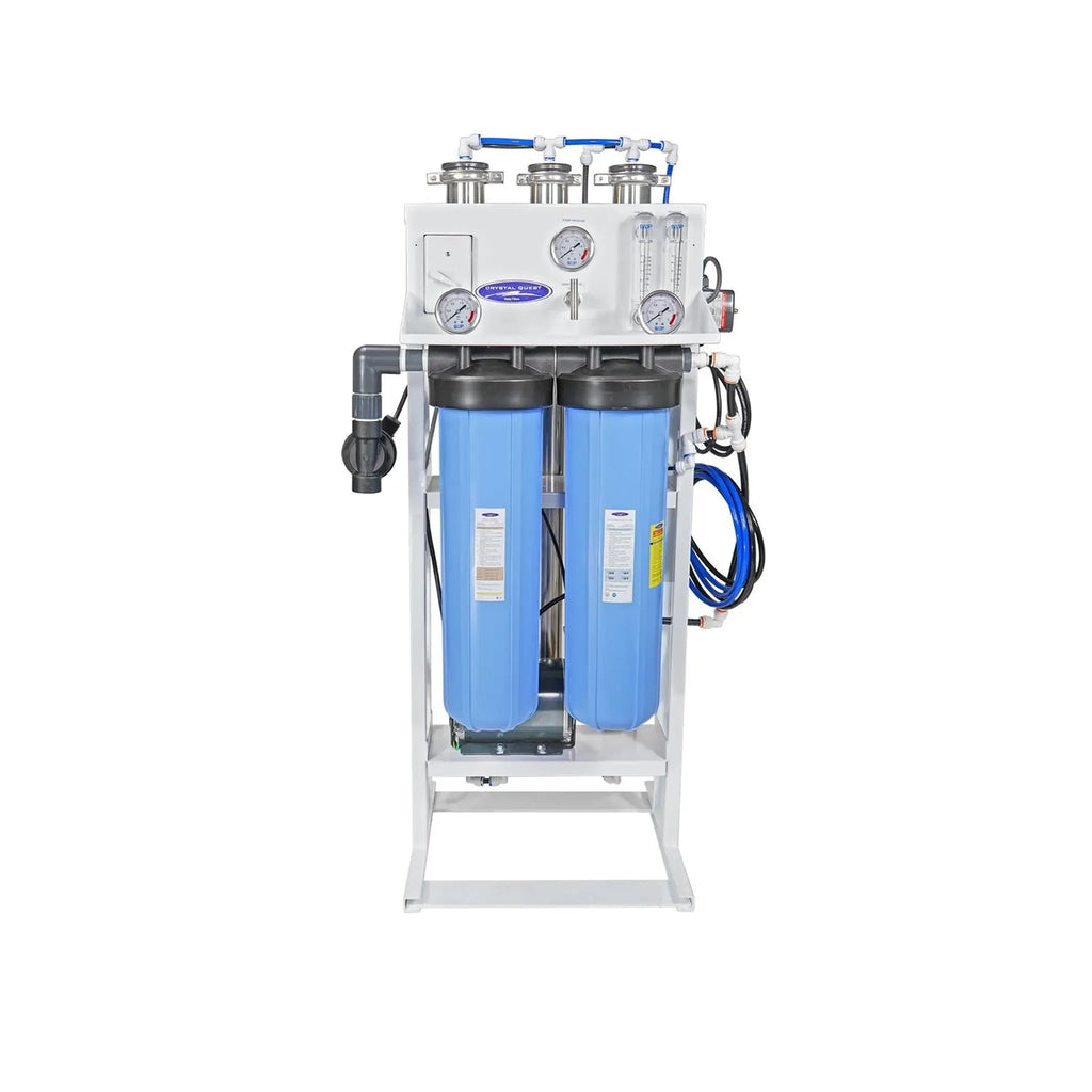 Crystal Quest Whole House Reverse Osmosis System with two large blue filters and gauges.
