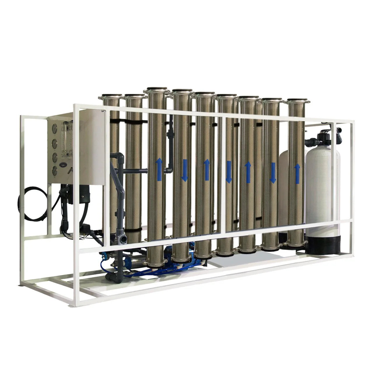 High-flow commercial reverse osmosis system with stainless steel housings and white aluminum frame.