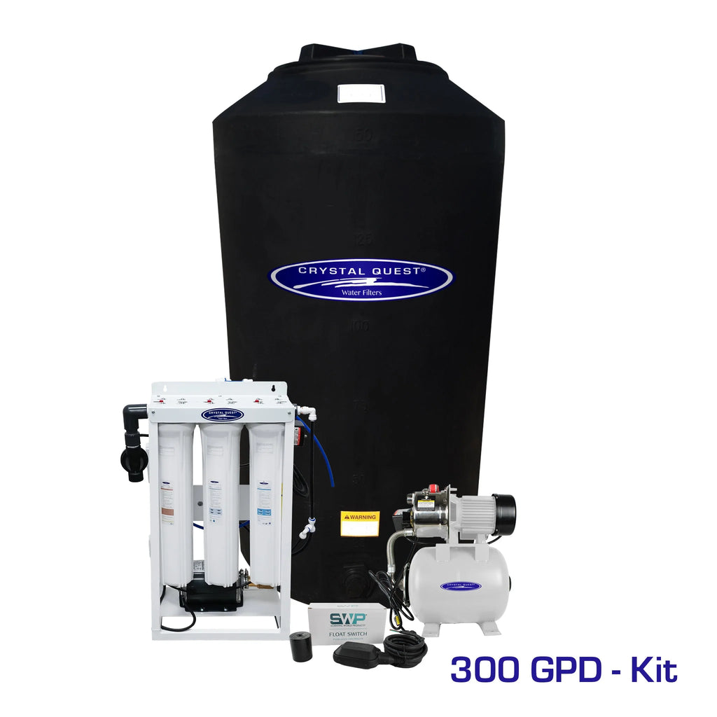 Crystal Quest 300 GPD whole house reverse osmosis system with 165-gallon black storage tank and brass rotary pump.