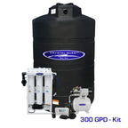Crystal Quest 300 GPD whole house RO system with 500-gallon black storage tank and pump kit.