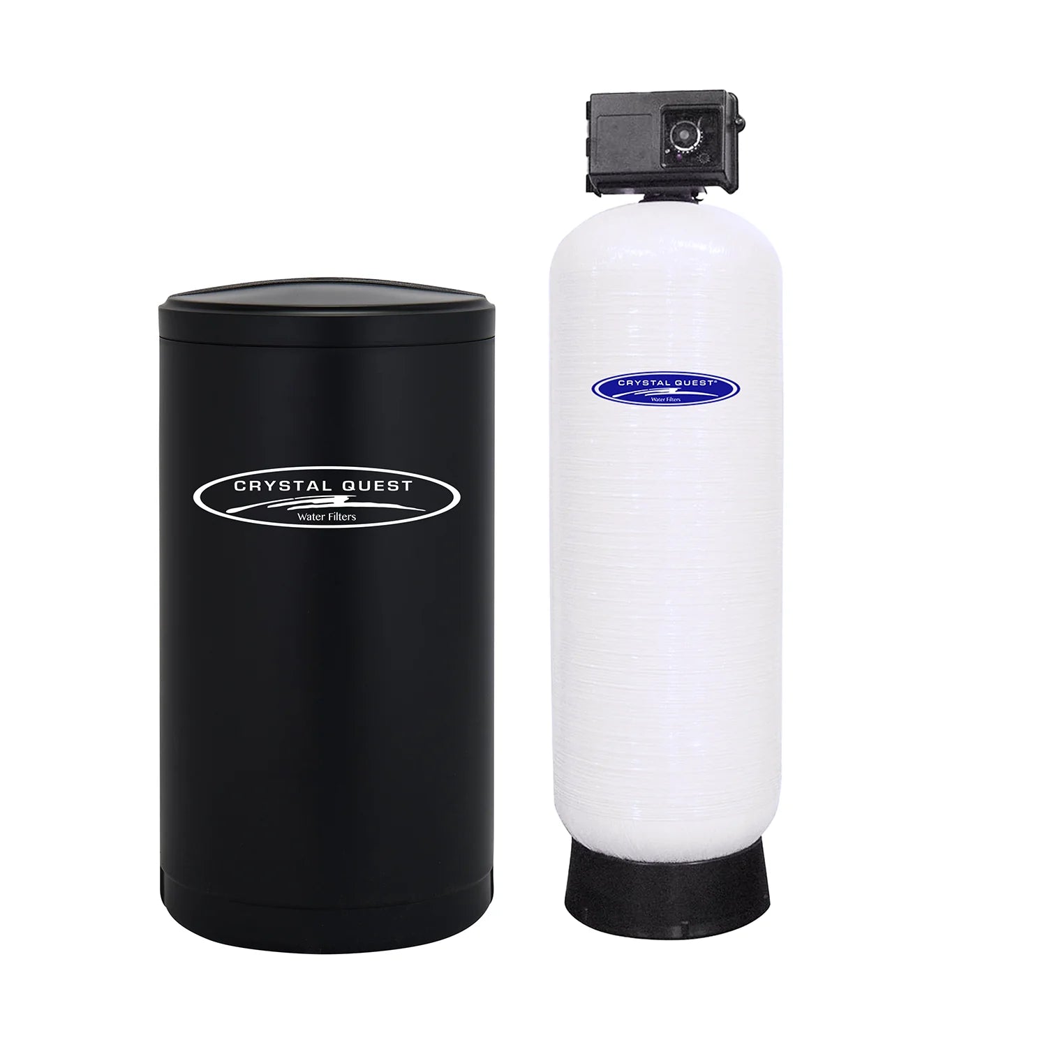 Crystal Quest Commercial Water Softener: black tank and white fiberglass tank with timer control valve.