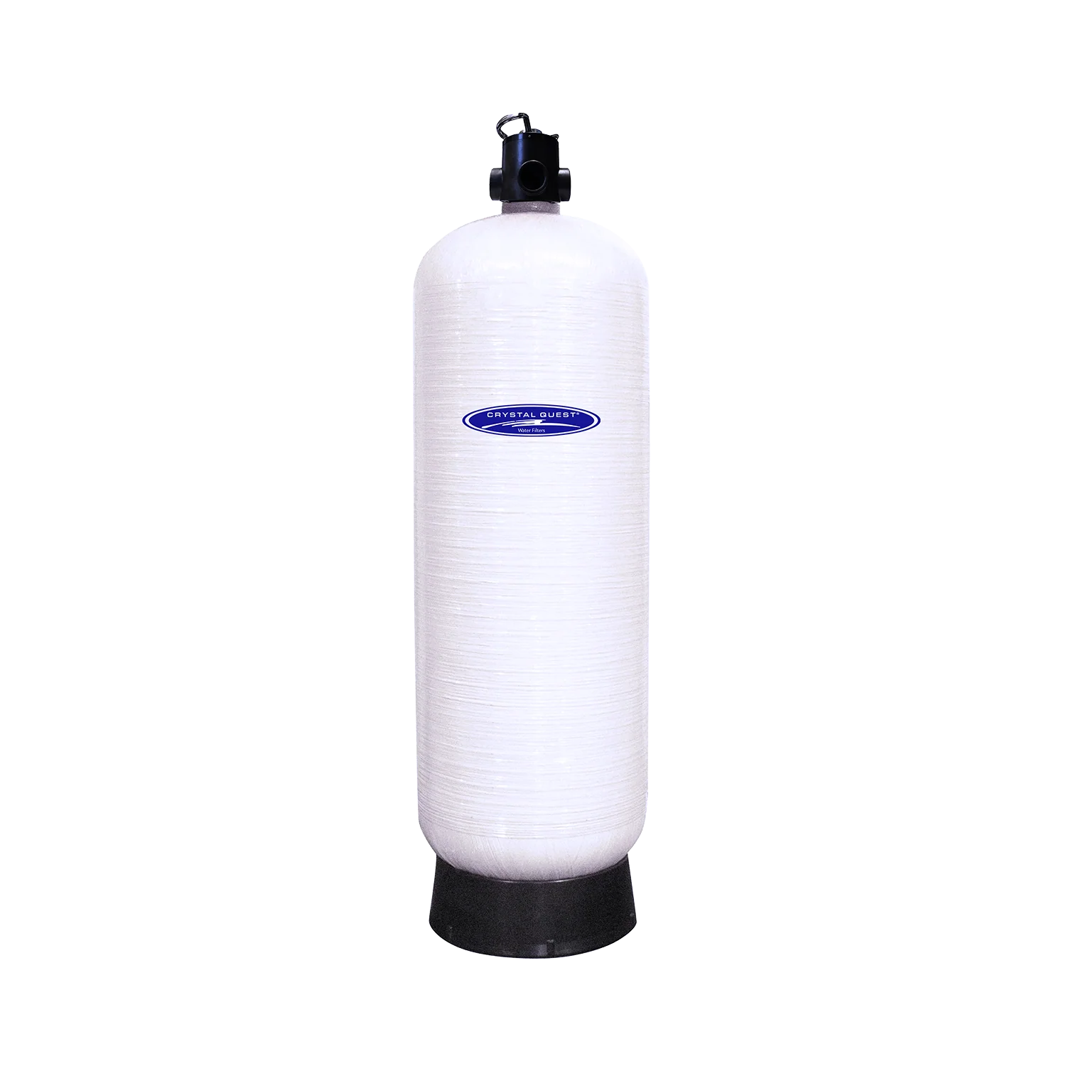 Crystal Quest Commercial GAC water filtration system, white fiberglass tank with blue logo, black top and base.
