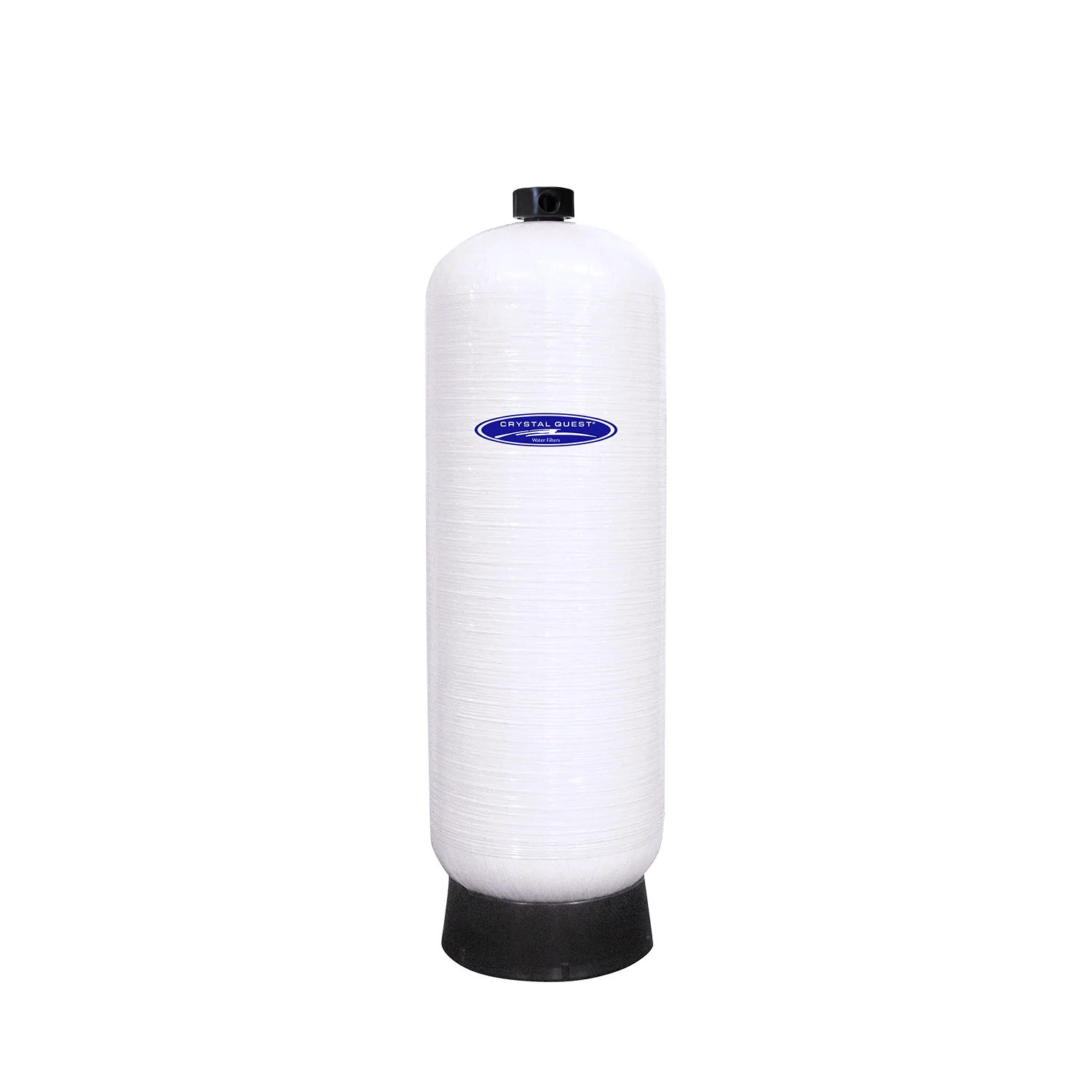 Crystal Quest 35 GPM commercial arsenic removal water filtration system, a tall white fiberglass tank with a blue logo.