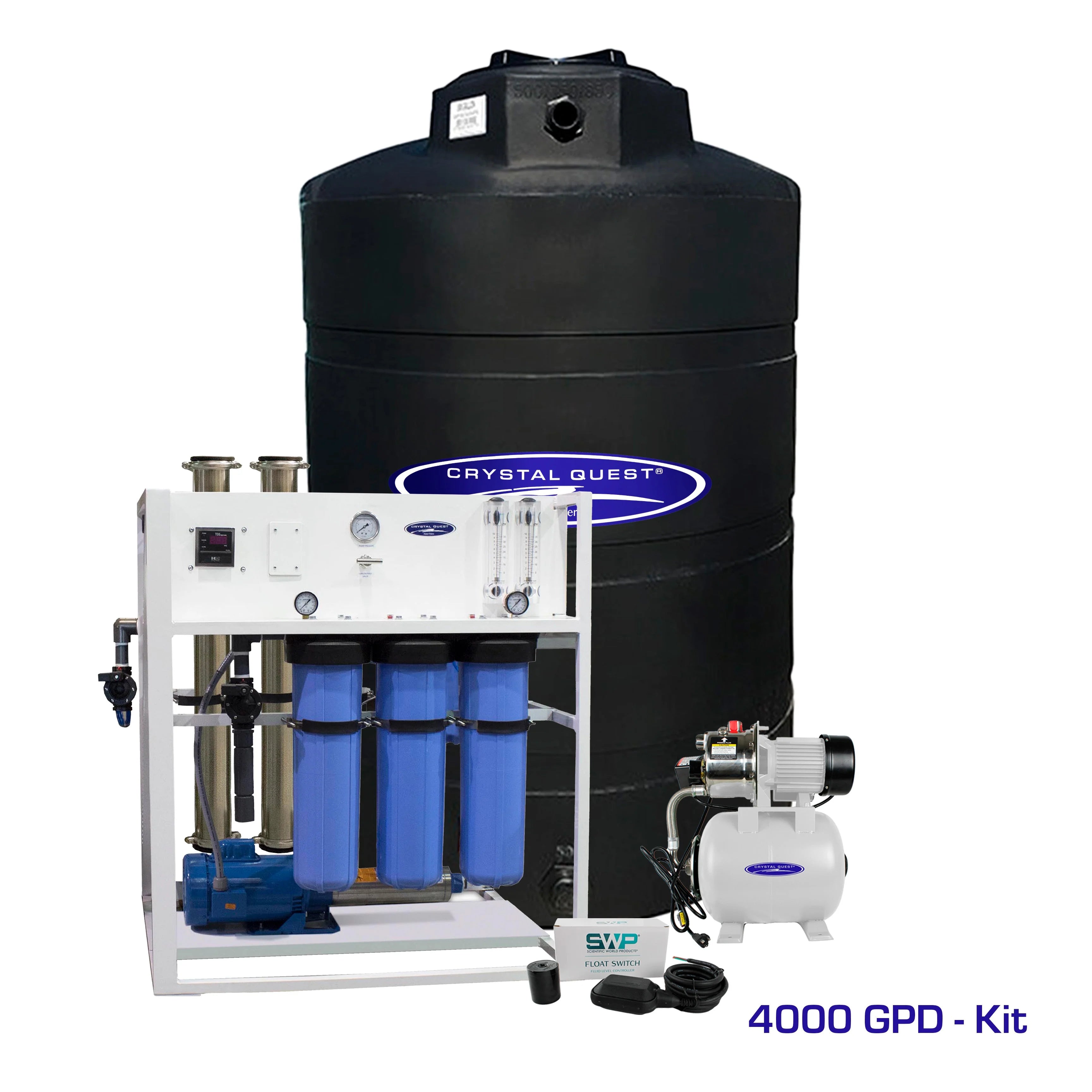Crystal Quest Commercial RO System, 4000 GPD, with white frame, blue filters, black 500-gallon tank, and 1.5 HP pump.