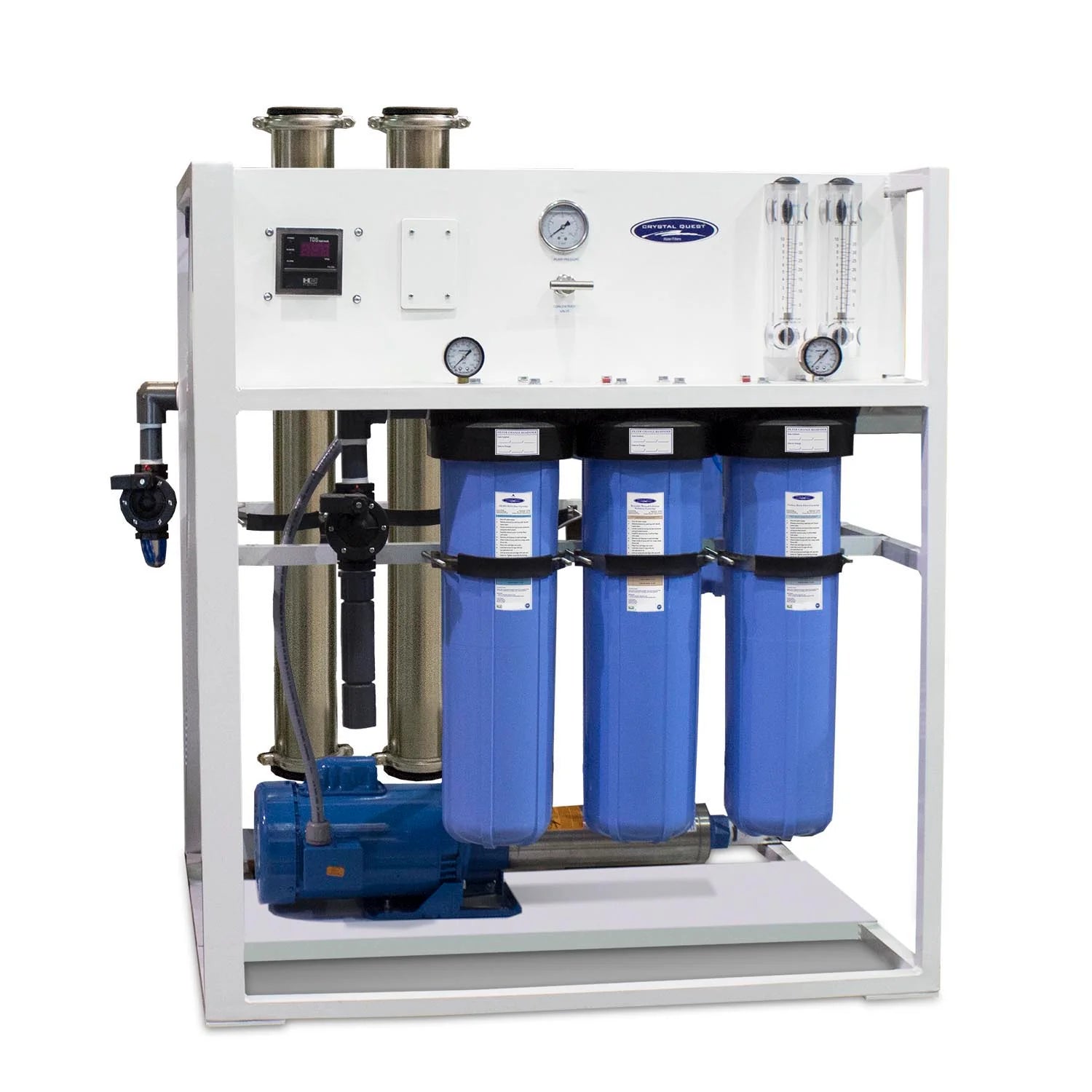 Crystal Quest Commercial Mid-Flow Reverse Osmosis System with white powder-coated frame, blue filters, and 1.5 HP pump.