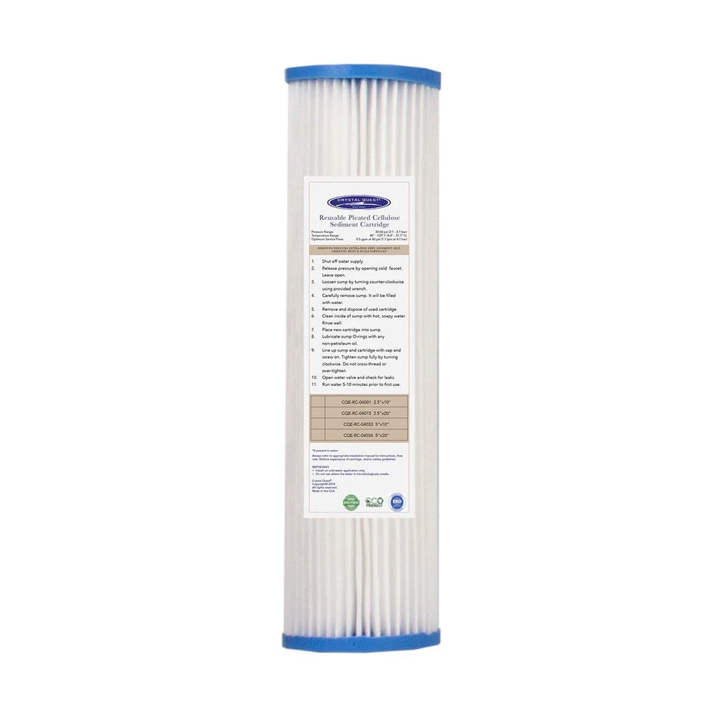 Crystal Quest 4-5/8" x 20" pleated cellulose sediment filter cartridge with blue end caps.