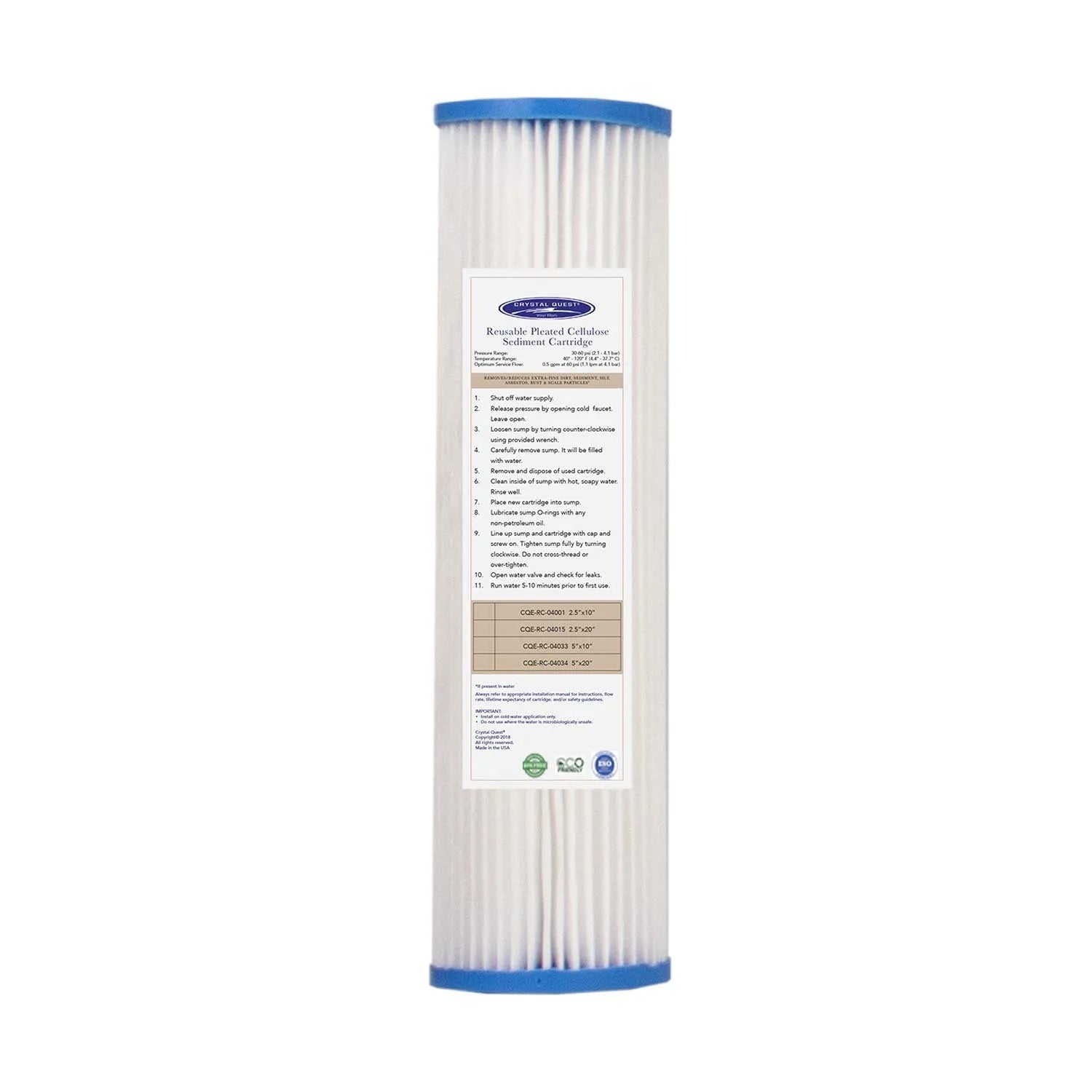 Crystal Quest 4-5/8" x 20" pleated cellulose sediment filter cartridge with blue end caps.