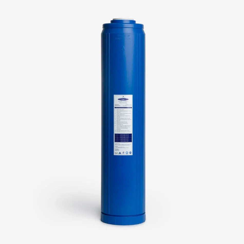 Vibrant blue Crystal Quest SMART Ultimate multi-stage water filter cartridge, 4-5/8" x 20", for cleaner, healthier water.
