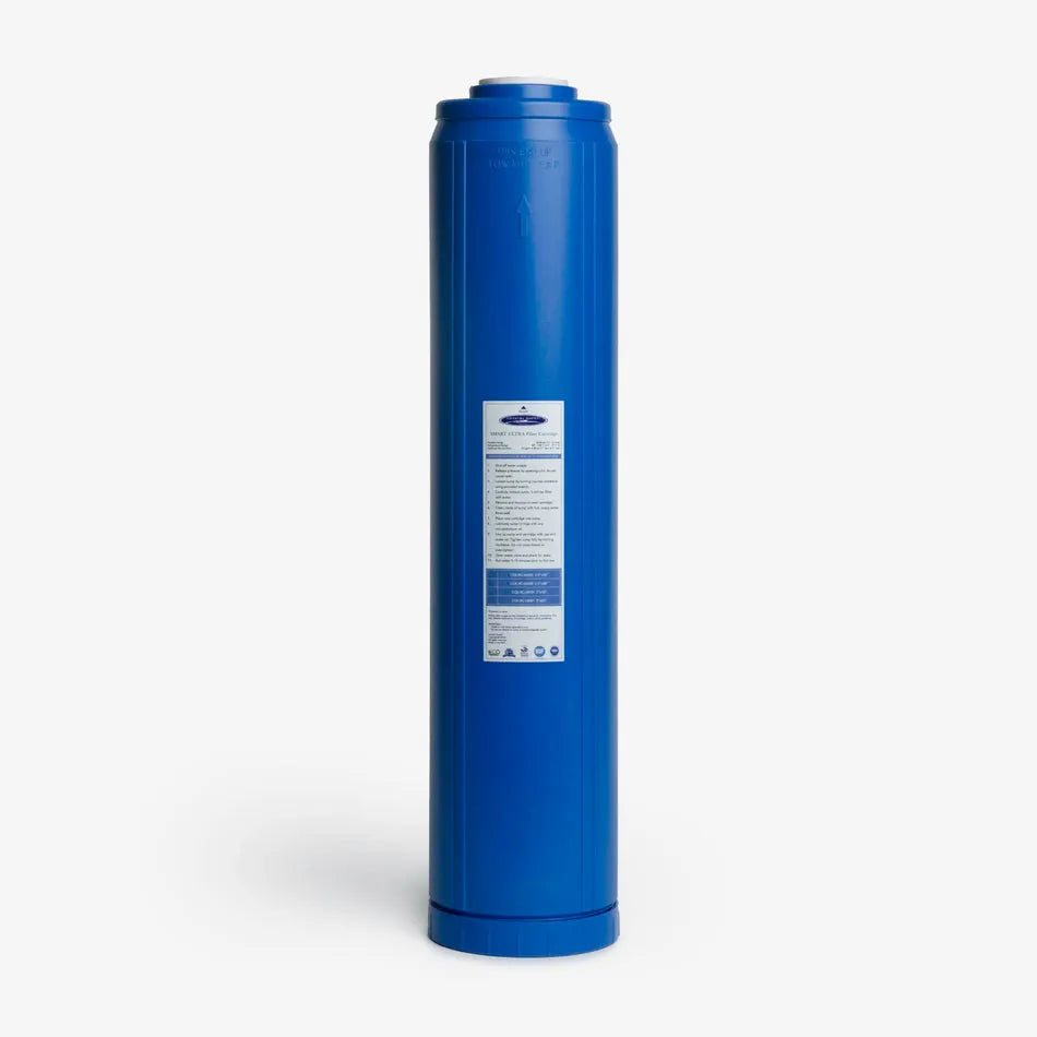 Vibrant blue Crystal Quest SMART Ultra 4-5/8" x 20" multi-stage water filter cartridge for healthier, great-tasting water.