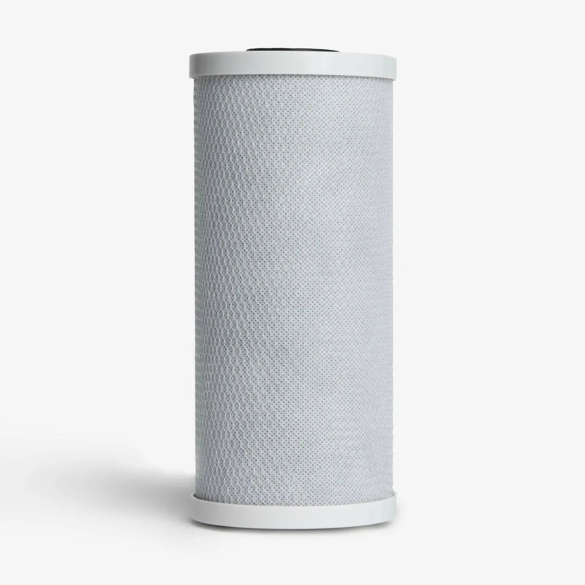 Crystal Quest 5-micron carbon block filter, 4-5/8" x 9-3/4", with white end caps and netting.