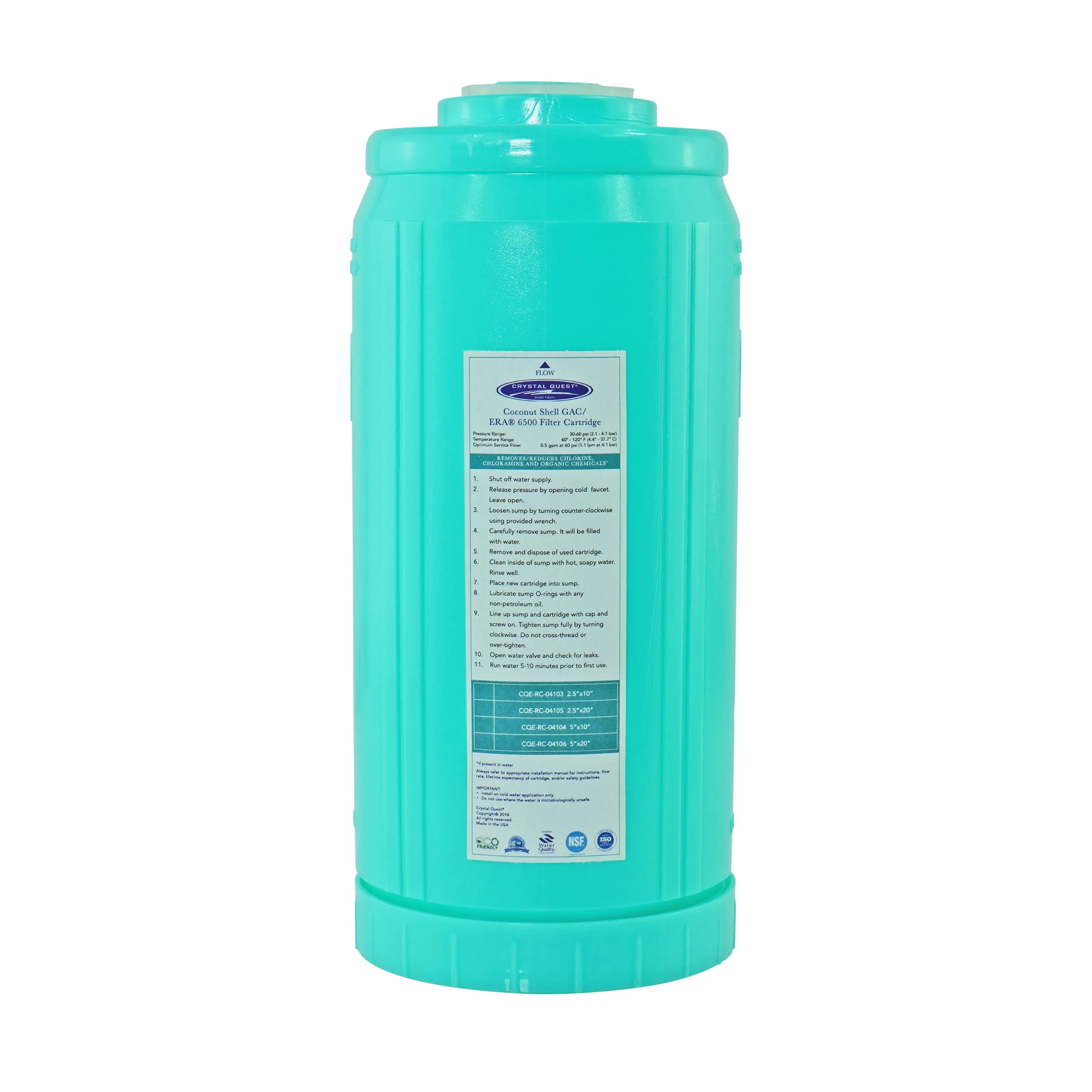 Crystal Quest 4-5/8” x 9-3/4” teal GAC filter cartridge for superior water taste and odor reduction.