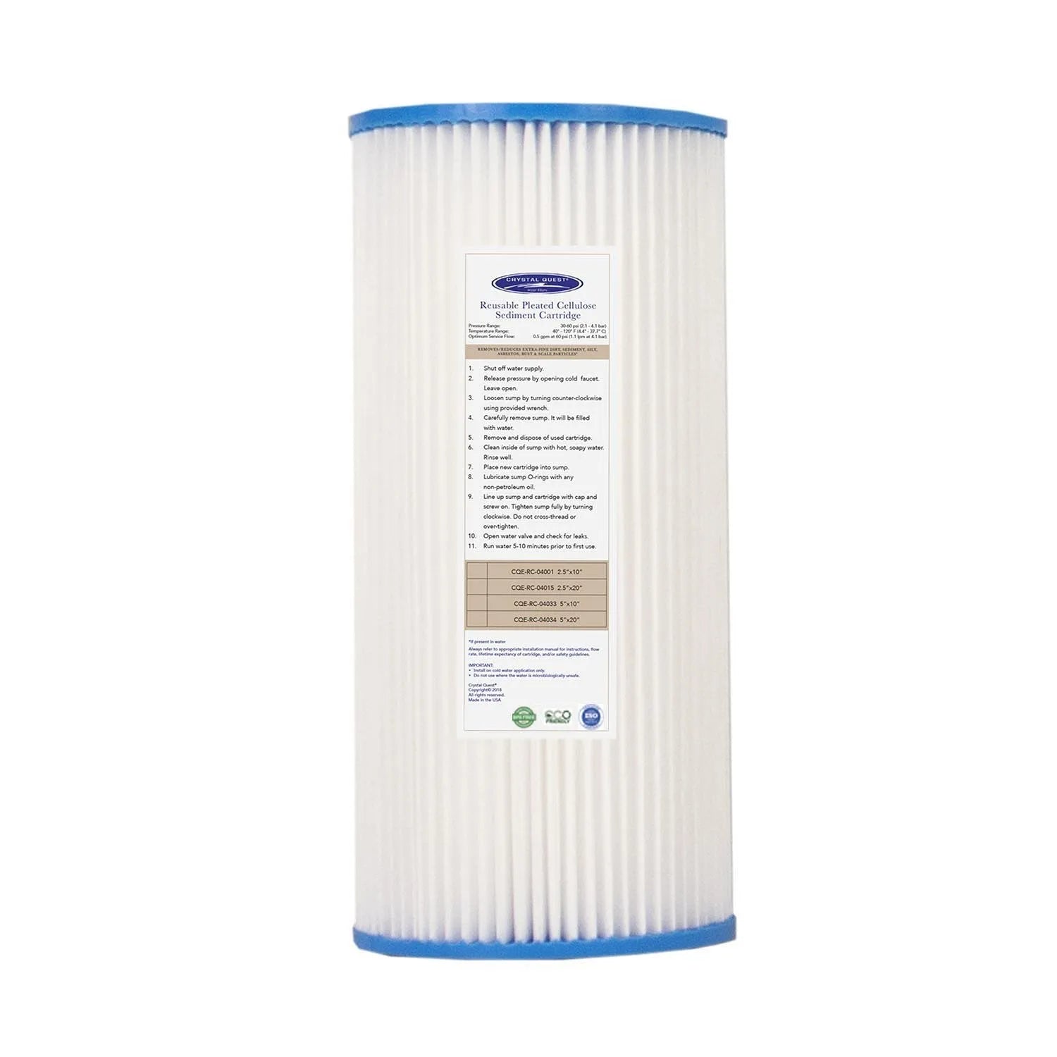 Crystal Quest 4-5/8" x 9-3/4" pleated cellulose sediment filter cartridge with blue end caps.