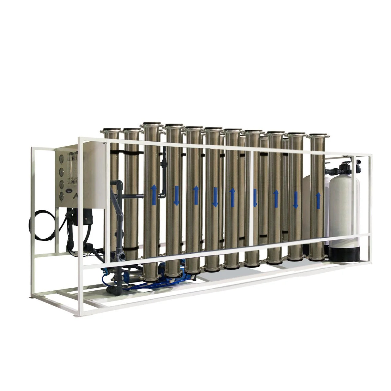Crystal Quest 40,000 GPD commercial RO system with stainless steel housings and white frame.