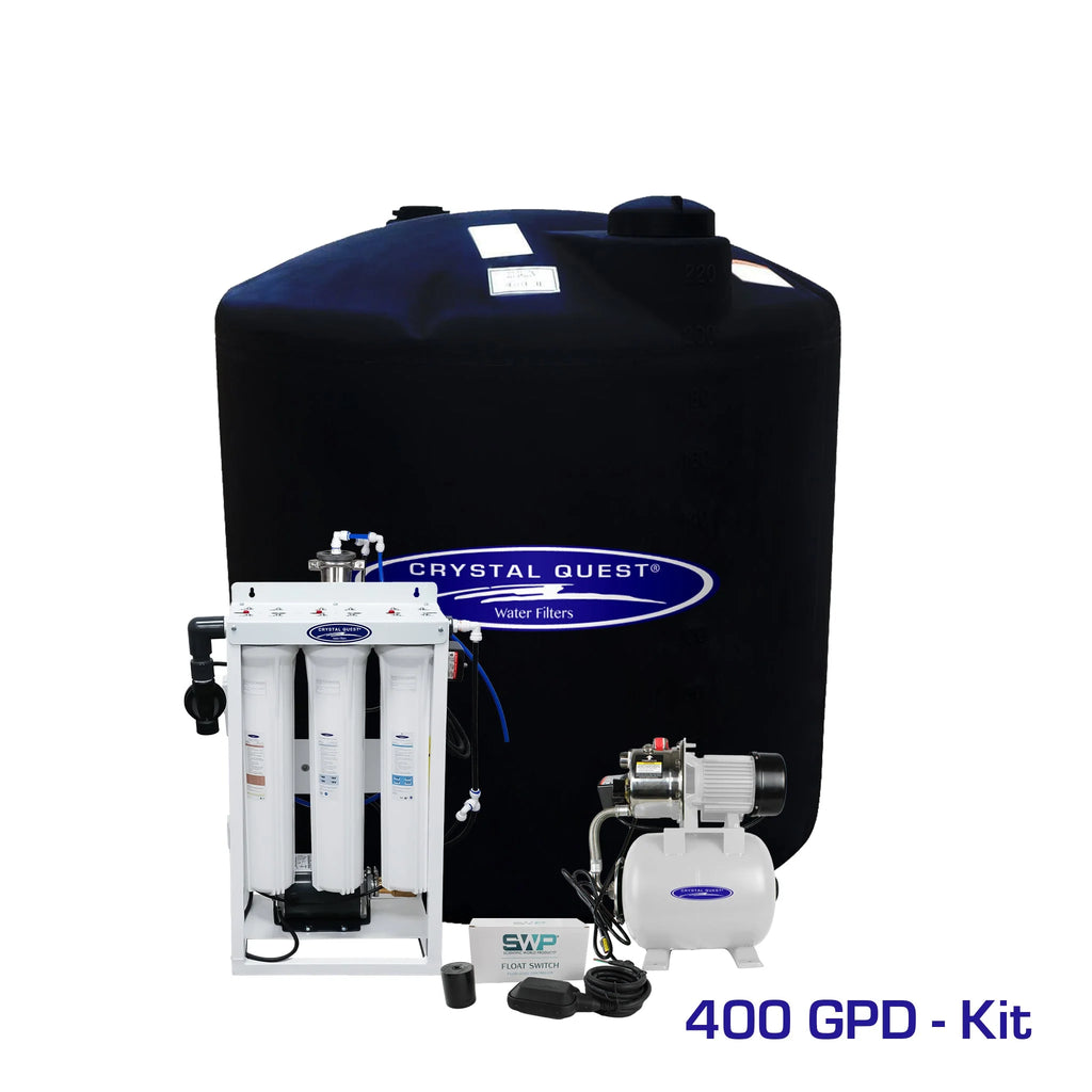 Crystal Quest Whole House RO System with 220-gallon black storage tank and brass rotary pump.