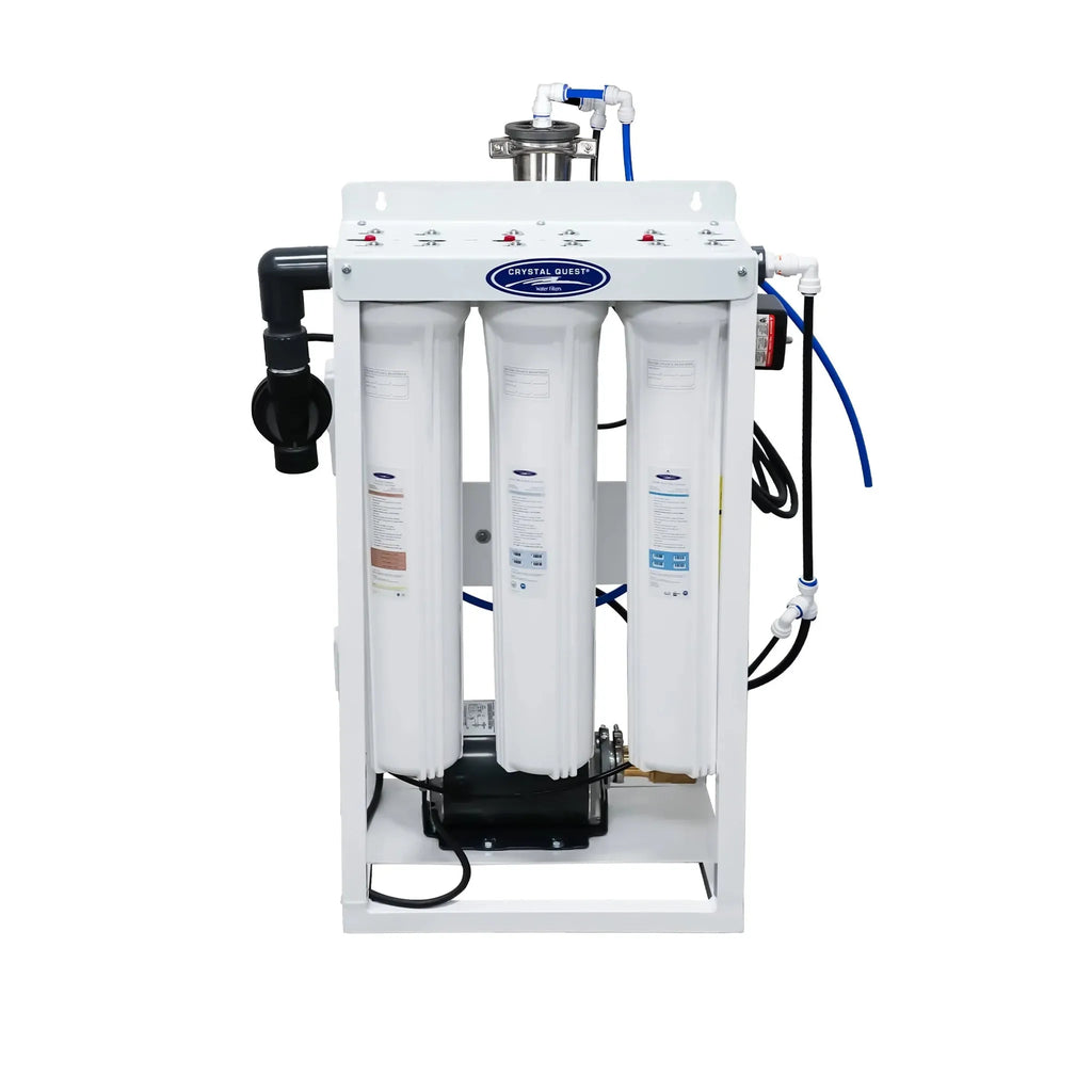 Crystal Quest Whole House Reverse Osmosis System, white, with three large filters.