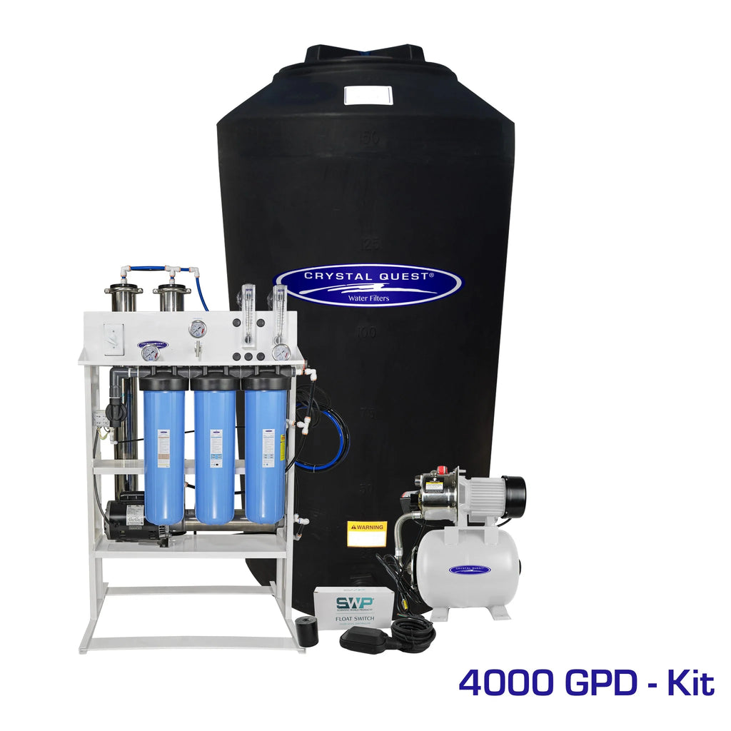 Crystal Quest 4000 GPD whole house RO system with a large black 165-gallon storage tank and 1.5 HP pump.