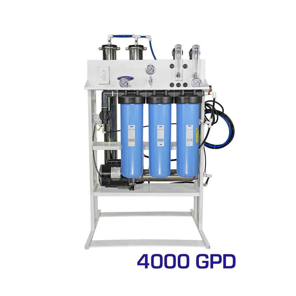 Crystal Quest 4000 GPD Whole House Reverse Osmosis System with blue filters and white frame.
