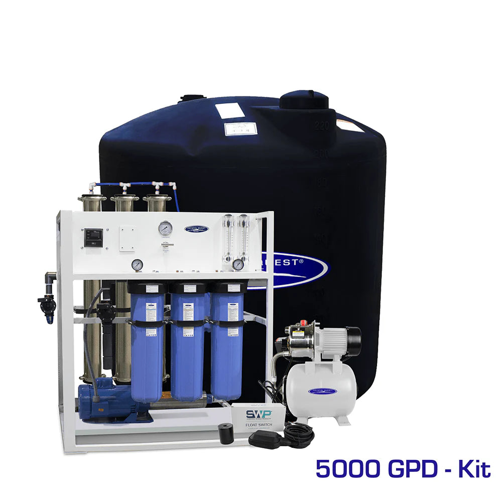 Crystal Quest Commercial RO System, 5000 GPD, with white frame, blue filters, pump, and 220-gallon storage tank.
