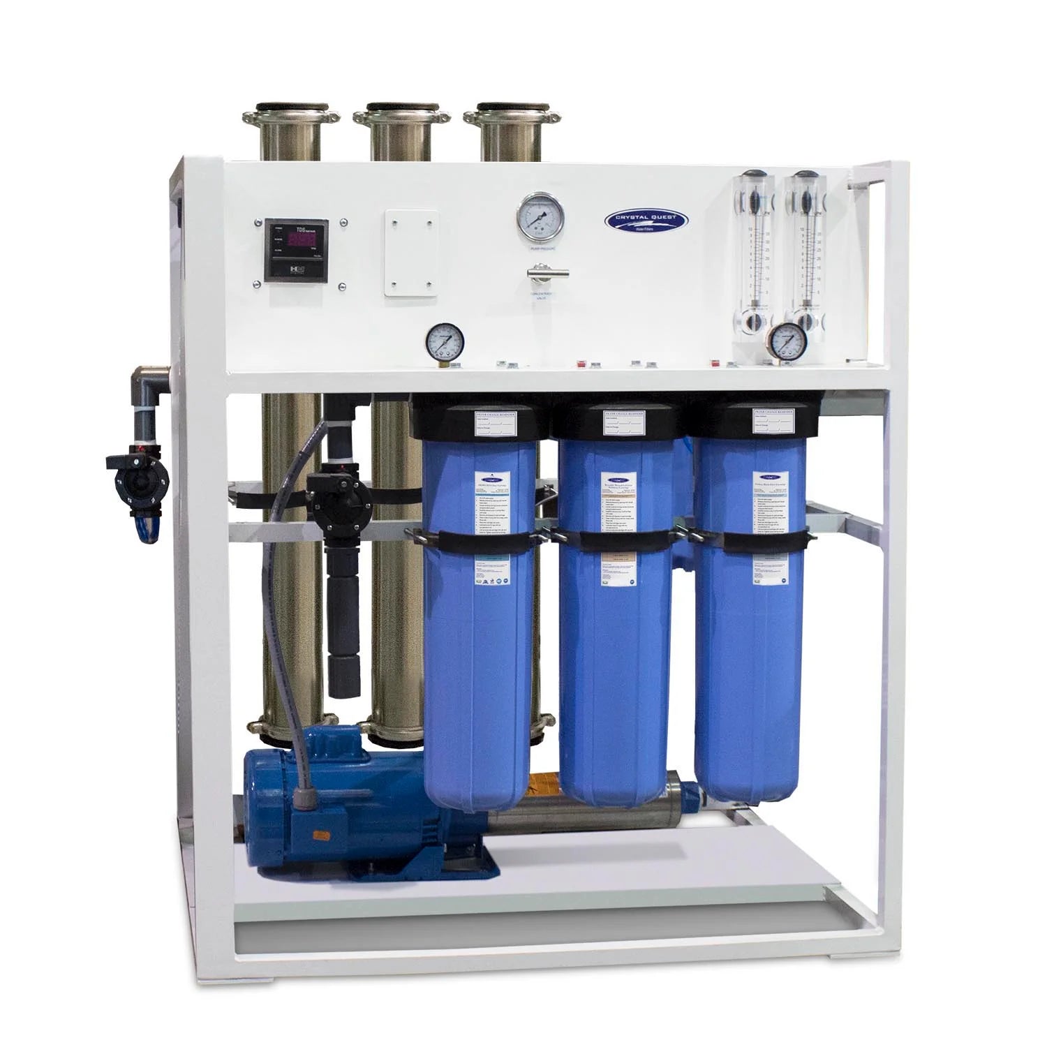 Crystal Quest Commercial 5000 GPD Reverse Osmosis System with white frame, blue filters, and horizontal pump.