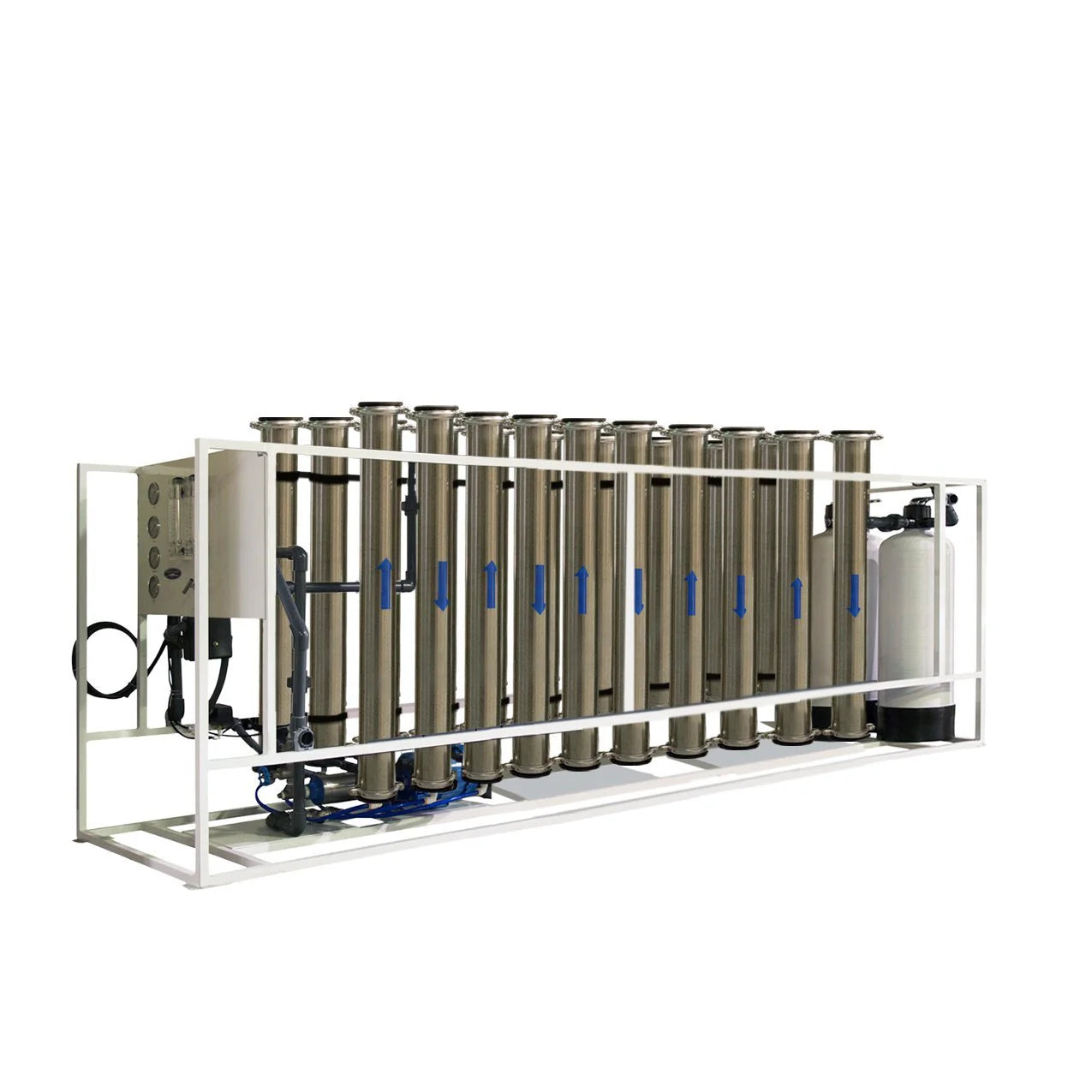 Crystal Quest 50,000 GPD commercial RO system with stainless steel housings and a heavy-duty white frame.