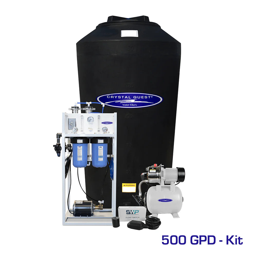 Crystal Quest Commercial 500 GPD RO system with white frame, blue filters, and a large black 165-gallon storage tank.