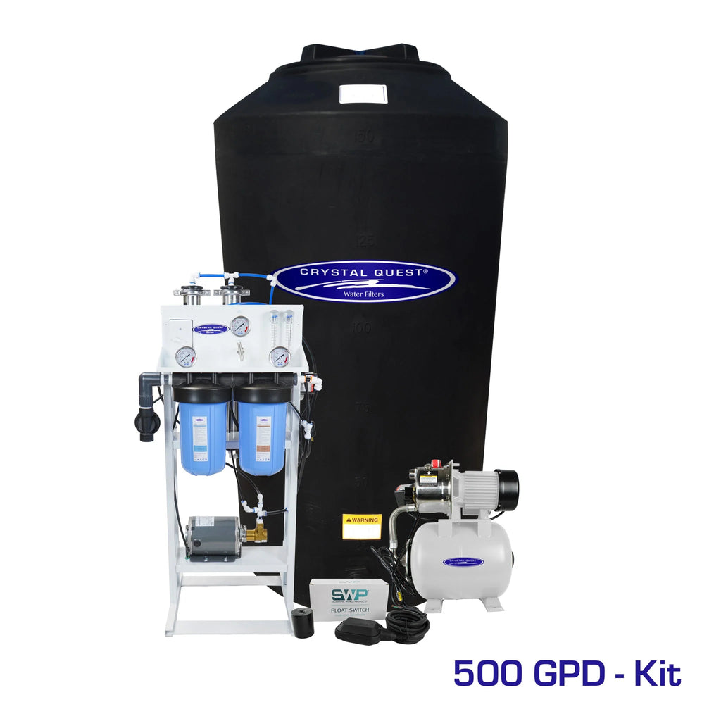 Crystal Quest 500 GPD whole house reverse osmosis system with a large black 165-gallon storage tank.
