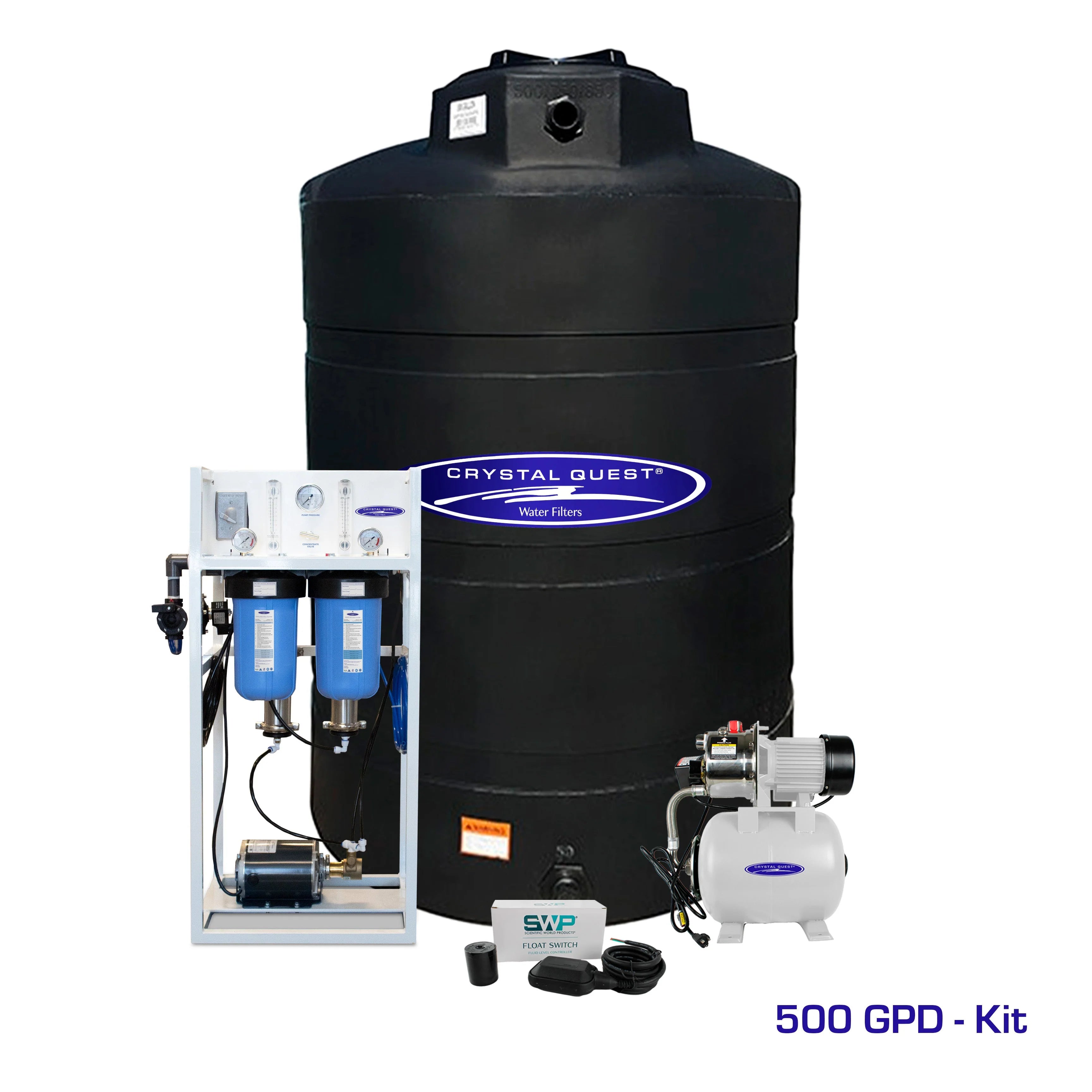 Crystal Quest 500 GPD commercial RO system with white frame, blue filters, pump, and large black storage tank.
