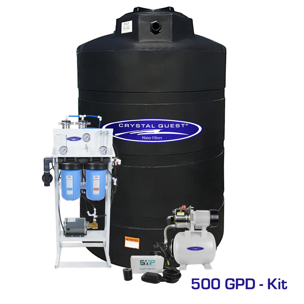 Crystal Quest 500 GPD whole house reverse osmosis system with black 500-gallon storage tank.