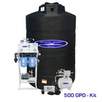 Crystal Quest 500 GPD whole house reverse osmosis system with black 500-gallon storage tank.