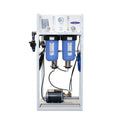 Crystal Quest Commercial Mid-Flow RO system with white frame, blue filters, and brass rotary pump.