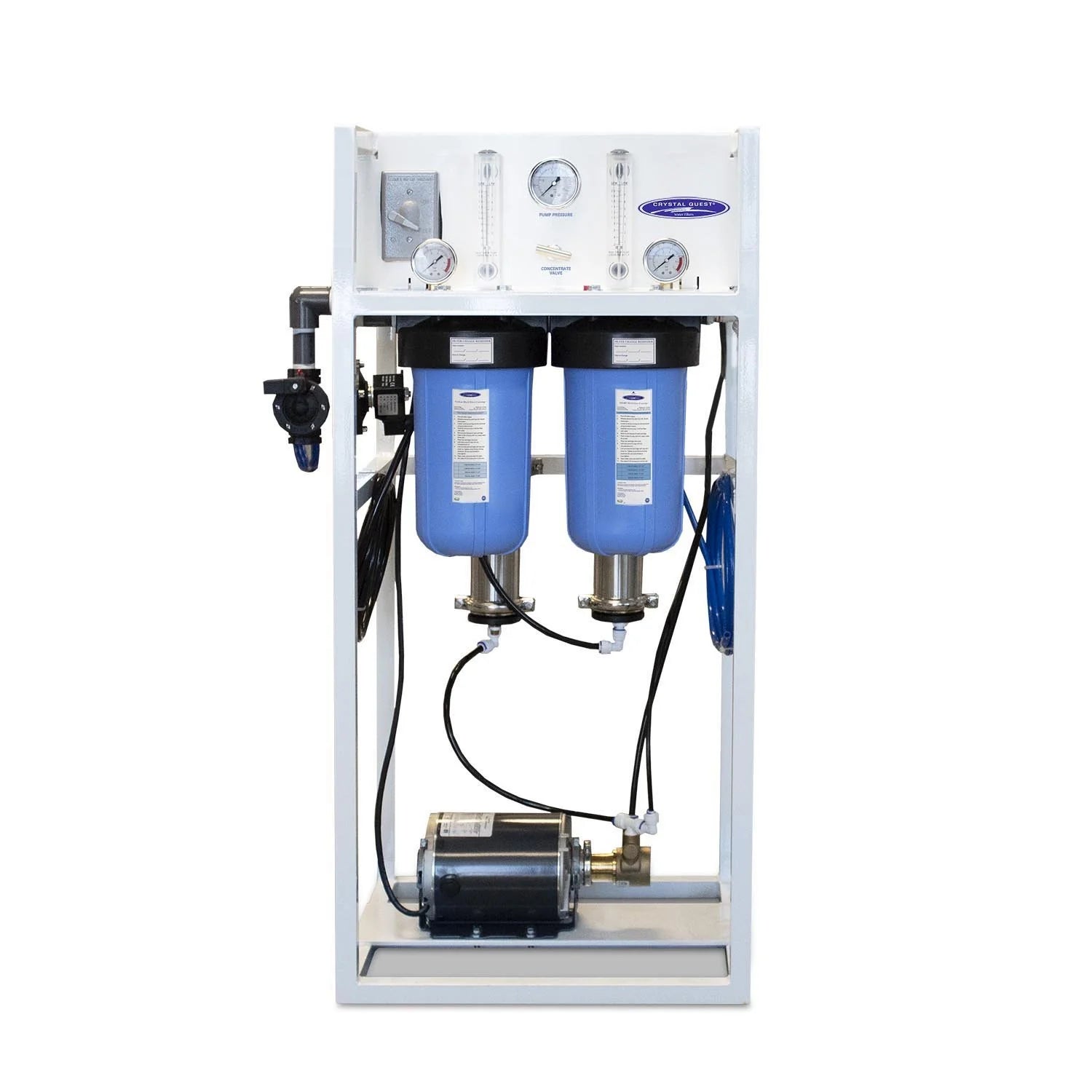 Crystal Quest Commercial Mid-Flow RO system with white frame, blue filters, and brass rotary pump.