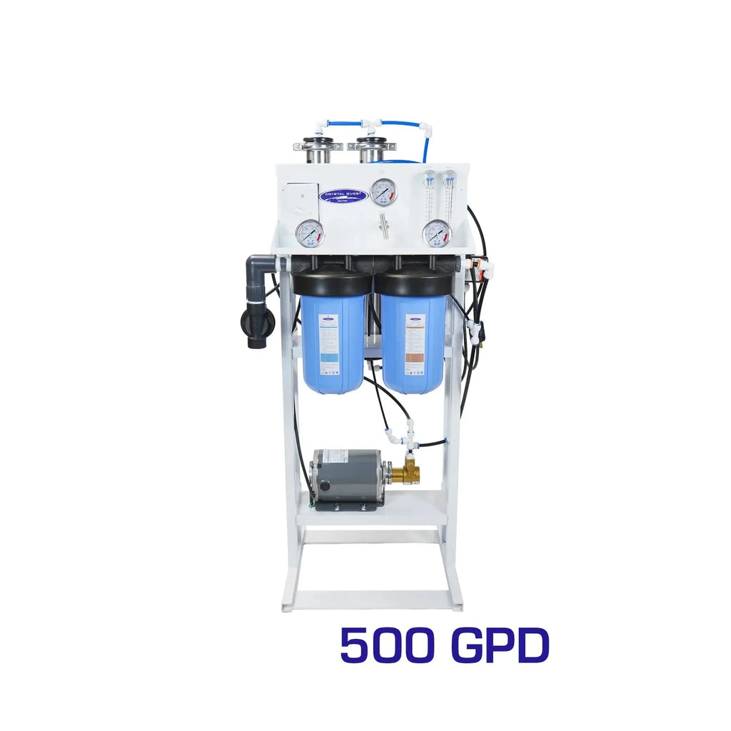 Crystal Quest 500 GPD whole house reverse osmosis system with blue filters and brass rotary pump.
