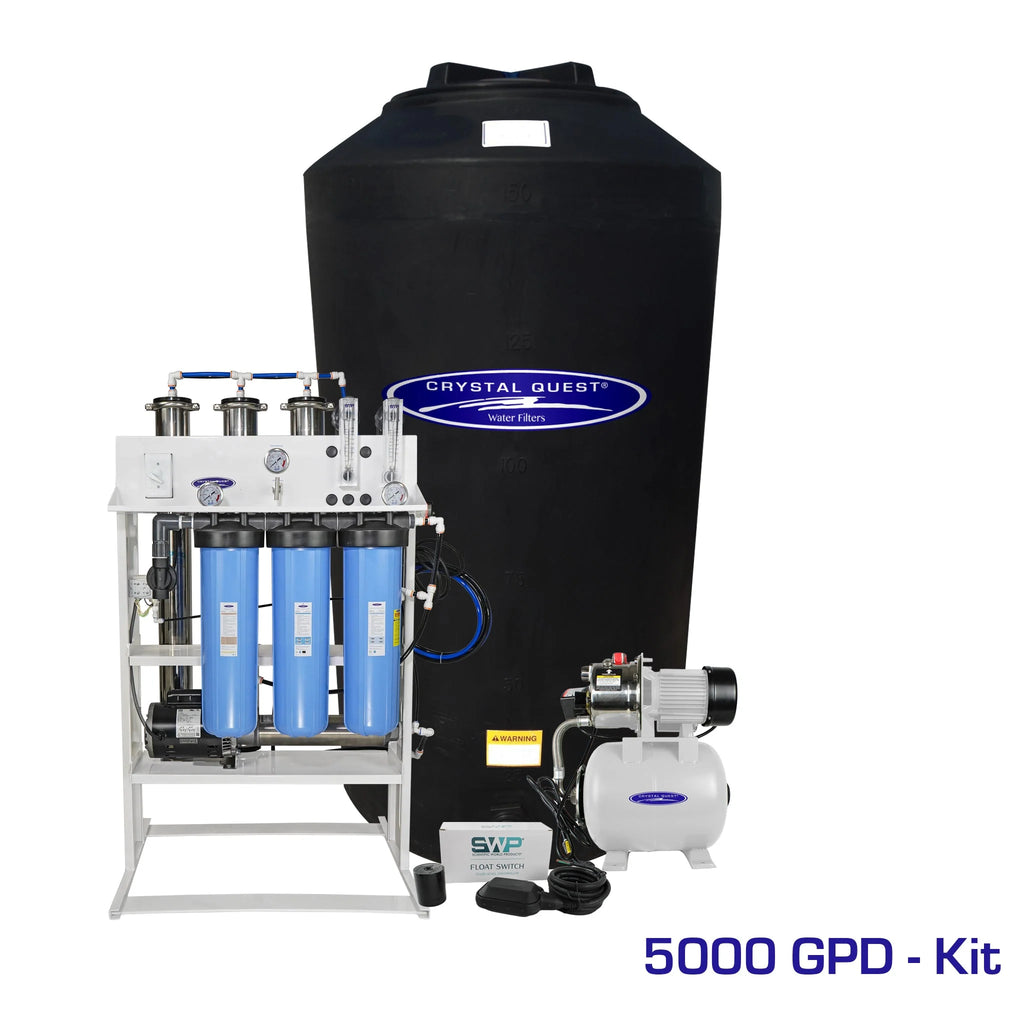 Crystal Quest 5000 GPD whole house reverse osmosis system with a 165-gallon black storage tank and 1.5 HP pump.