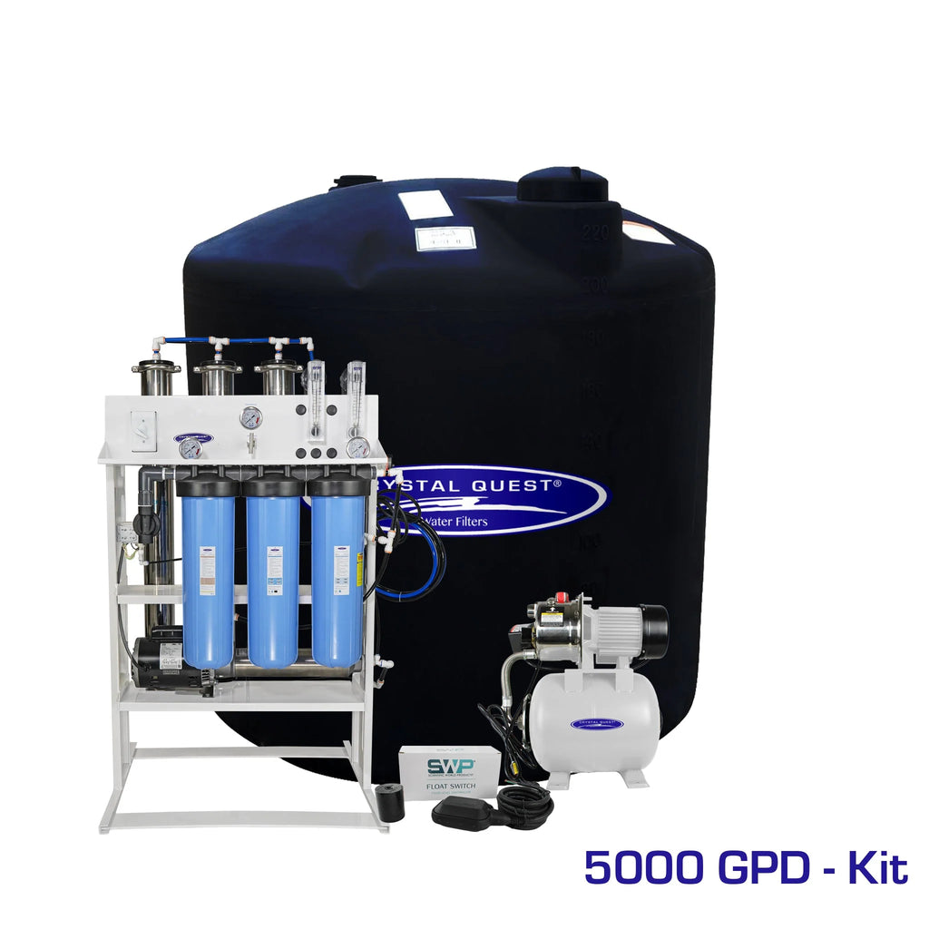 Crystal Quest 5000 GPD whole house reverse osmosis system kit with 220-gallon black storage tank.
