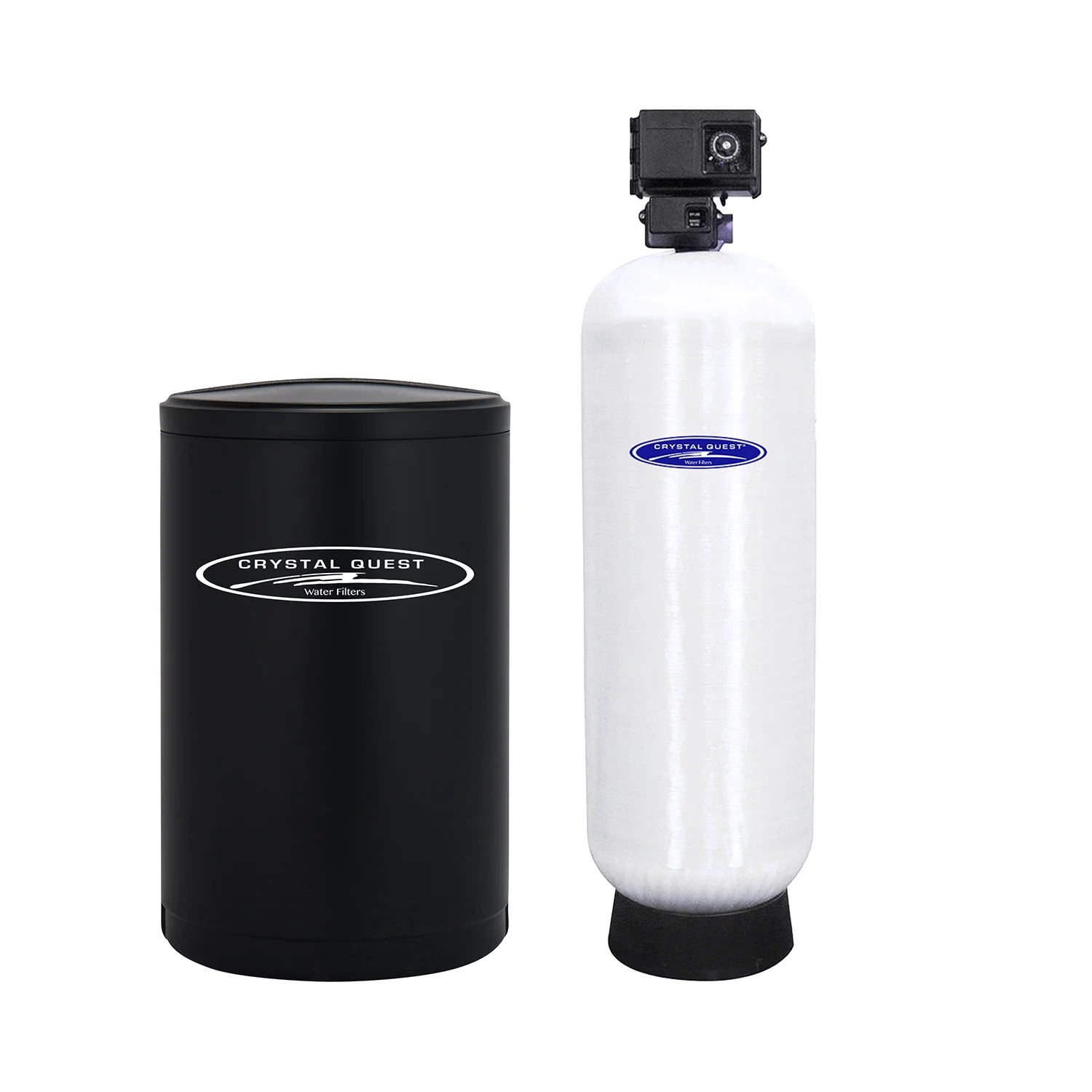 Crystal Quest 60 GPM automatic commercial water softener system with black brine tank and white fiberglass filter.