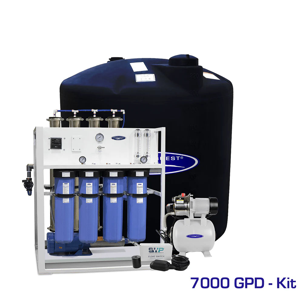 Crystal Quest Commercial 7000 GPD RO system with white frame, blue filters, pump, and 220-gallon black storage tank.