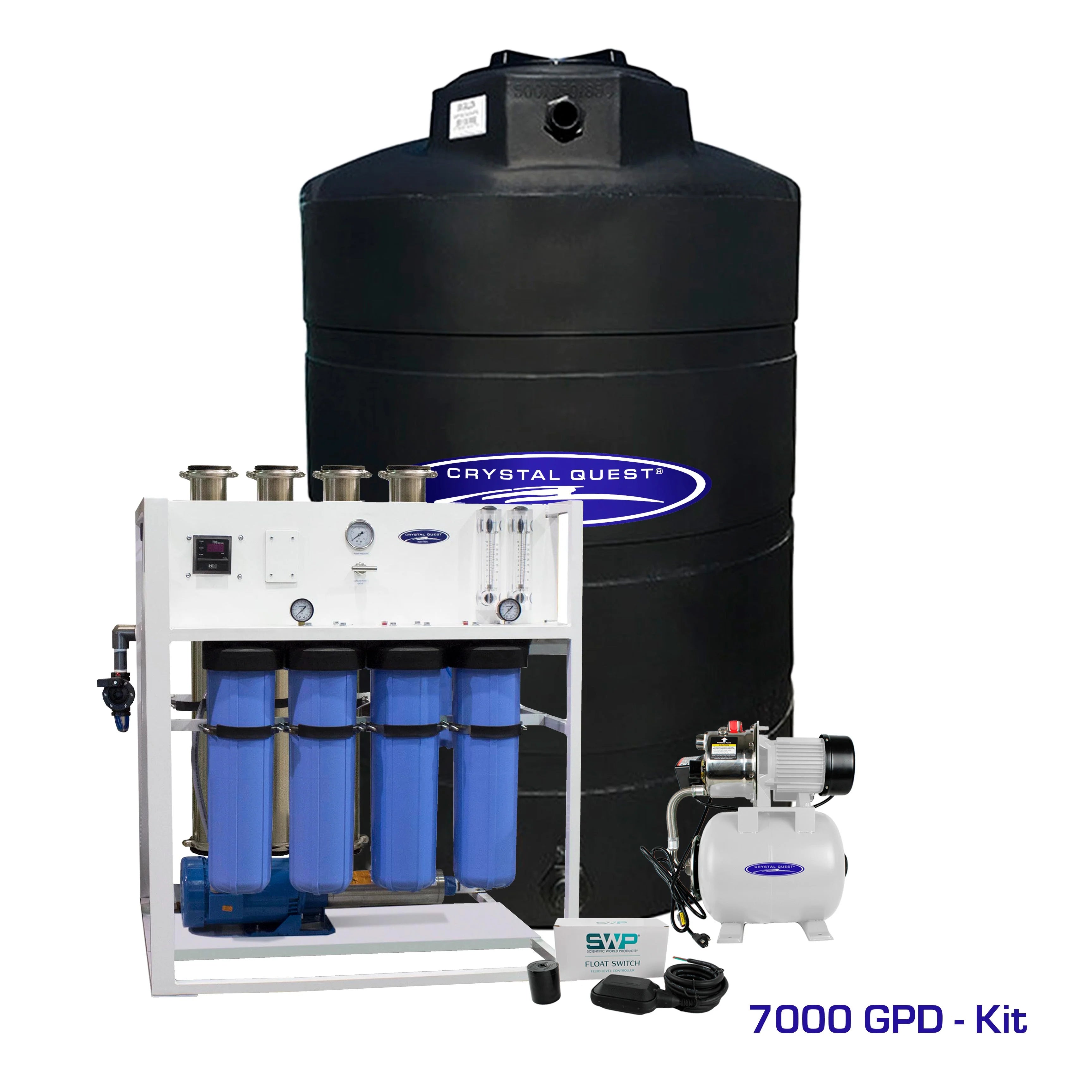 Crystal Quest 7000 GPD commercial reverse osmosis system with white frame, blue filters, and large black storage tank.