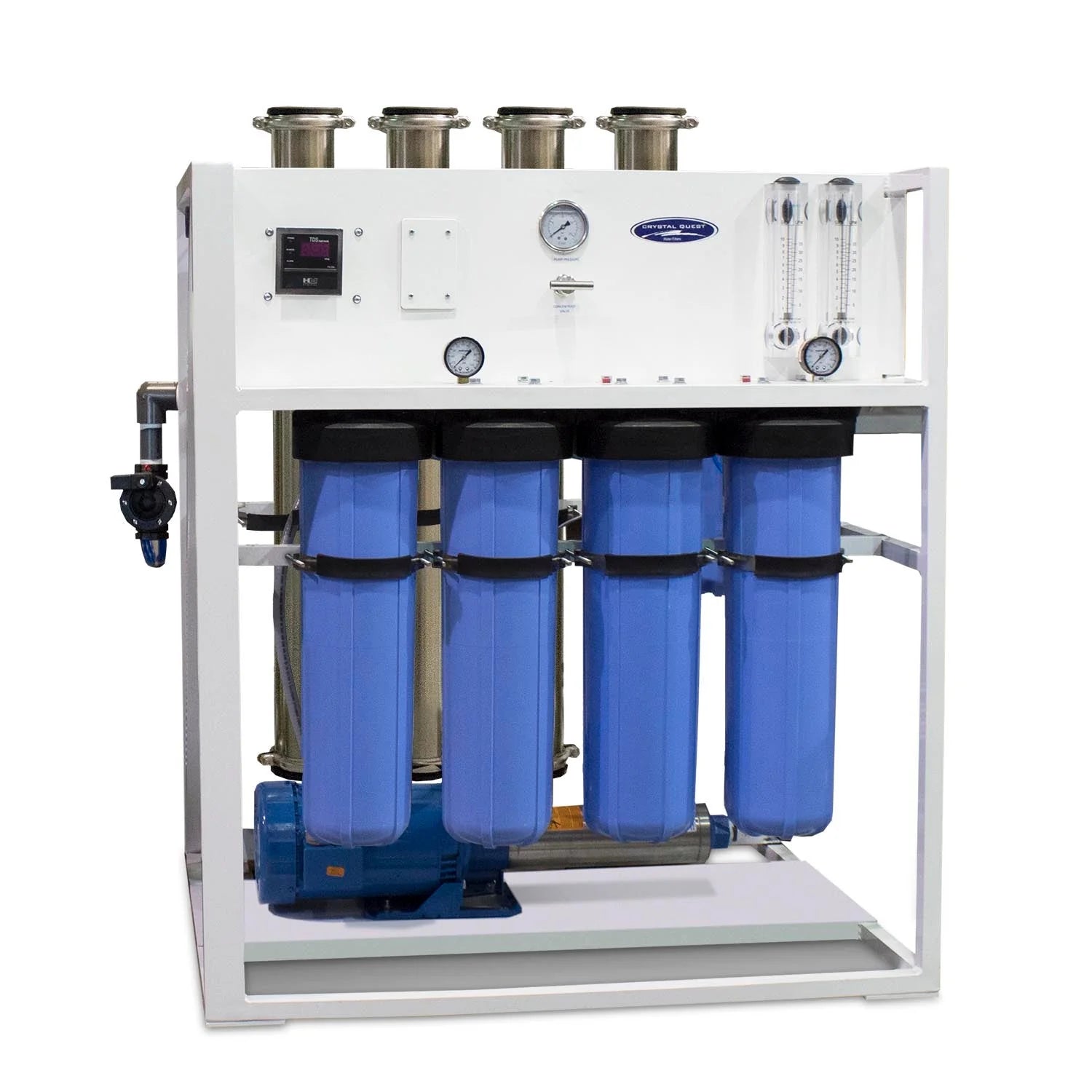 Crystal Quest Commercial 7000 GPD Reverse Osmosis System with white aluminum frame and blue filters.