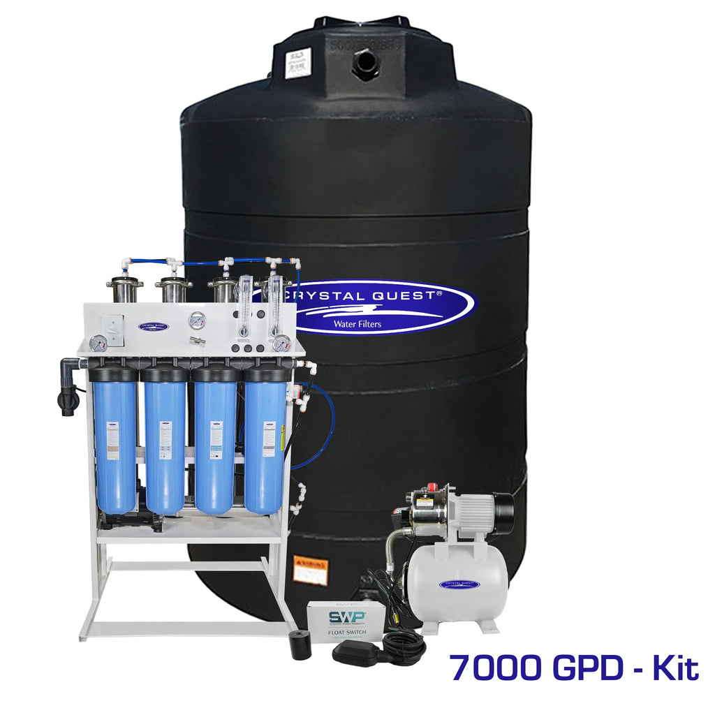 Crystal Quest 7000 GPD whole house RO system with black 500-gallon tank and 1.5 HP pump.