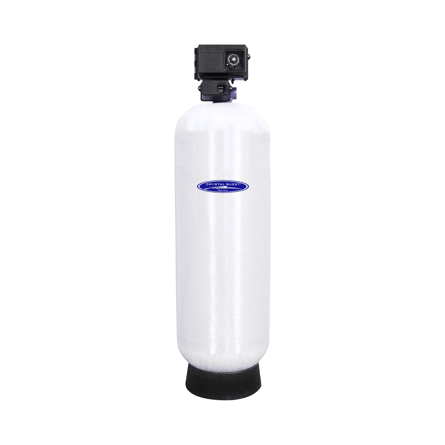 Crystal Quest commercial fluoride removal water filtration system, white fiberglass tank, black control valve.