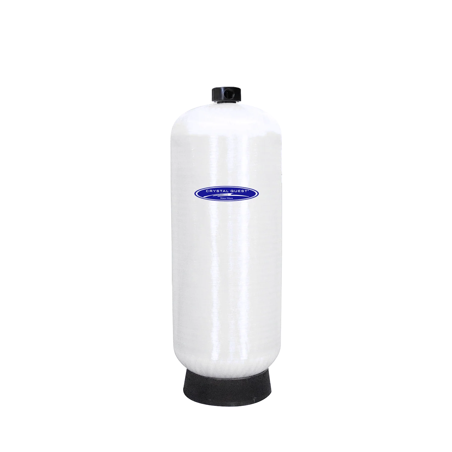 Crystal Quest commercial fluoride removal water filtration system, white fiberglass tank with blue logo.