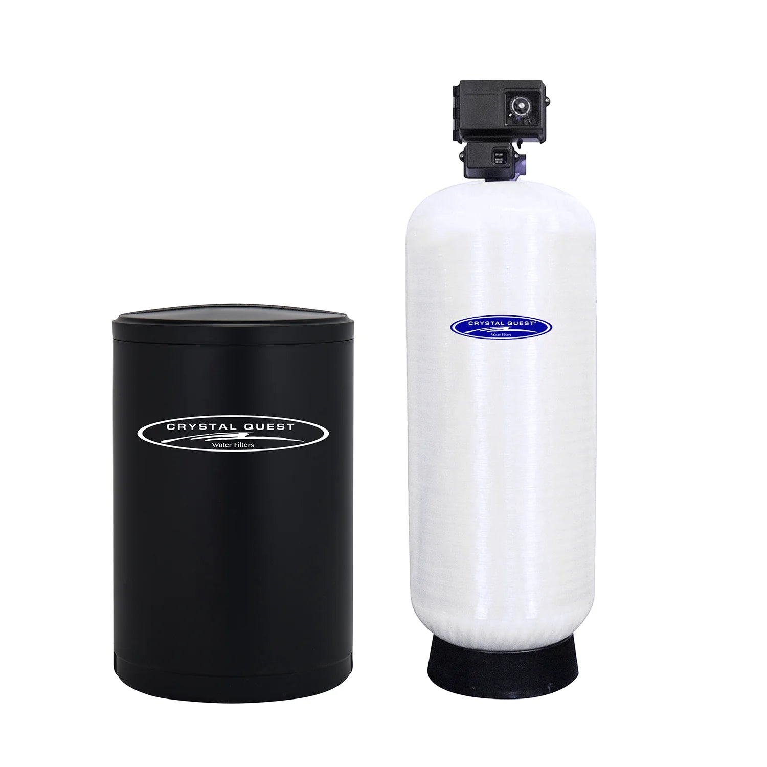 Crystal Quest Commercial Water Softener System: black brine tank and white fiberglass filtration tank with timer control.