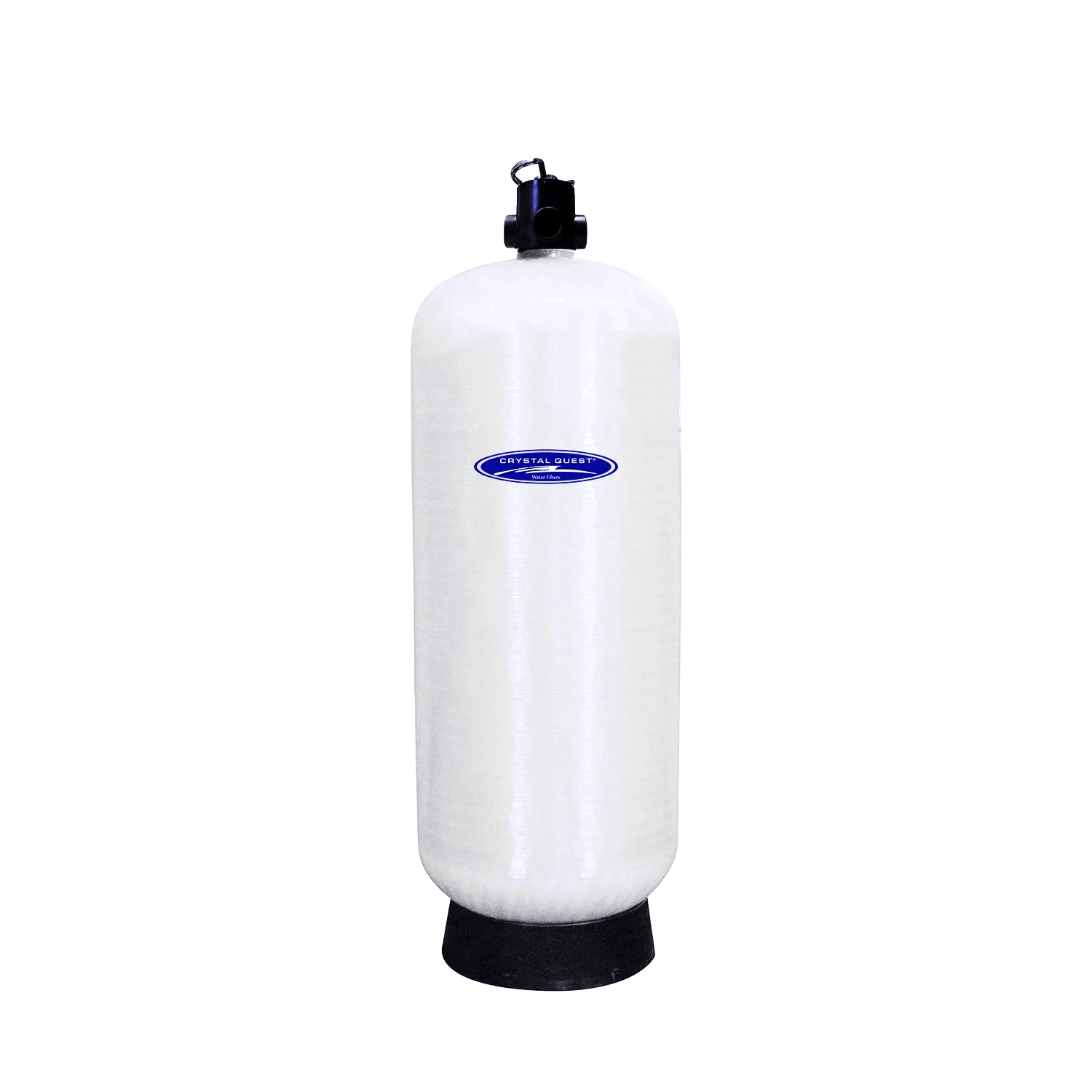 Crystal Quest Commercial GAC water filtration system, white tank with blue logo, 75 GPM manual downflow.