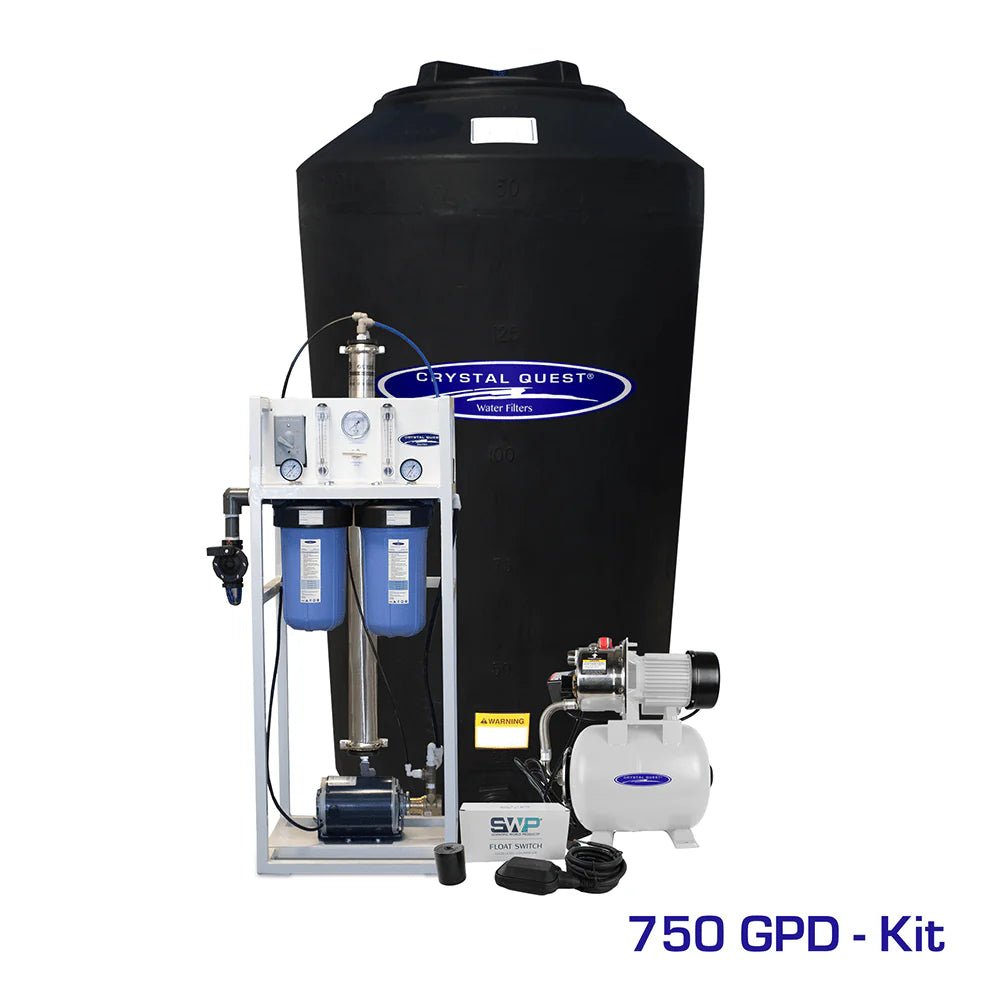 Crystal Quest Commercial 750 GPD RO system with white frame, blue filters, gauges, and a large black storage tank.