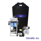 Crystal Quest 750 GPD whole house reverse osmosis system with black 165-gallon storage tank and brass rotary pump.