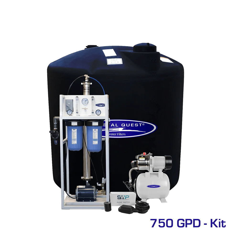 Crystal Quest Commercial 750 GPD RO system with white frame, blue filters, and a large black 220-gallon storage tank.