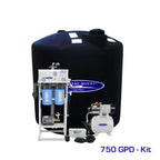 Crystal Quest 750 GPD whole house reverse osmosis system with 220-gallon black storage tank and stainless steel rotary pump.