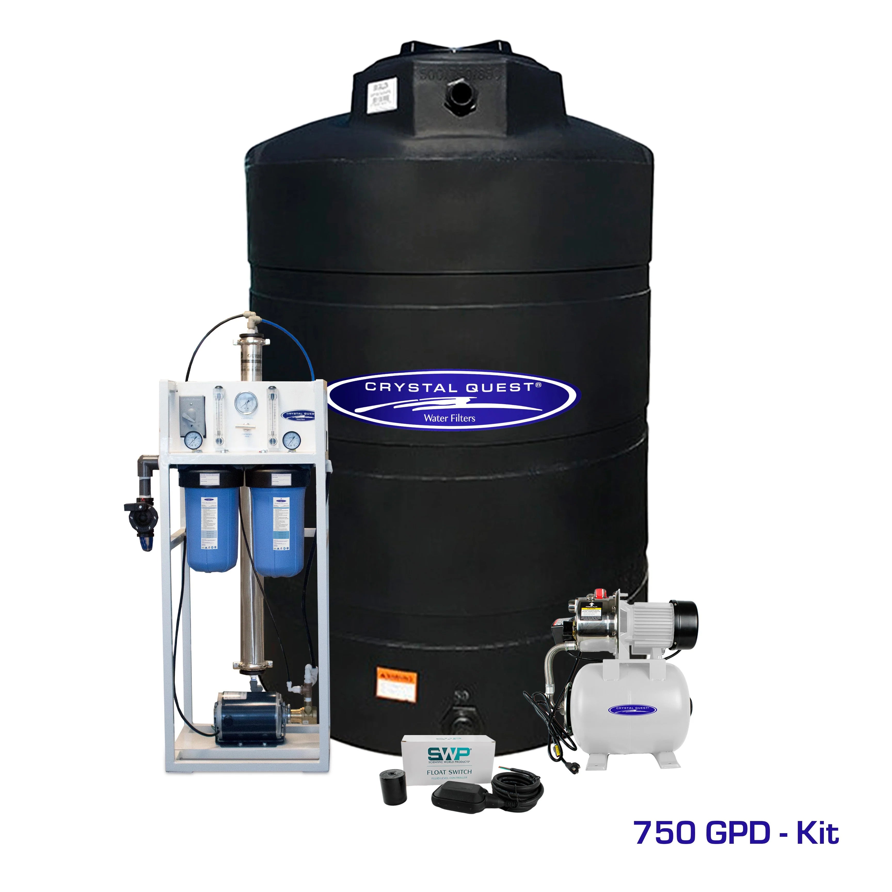 Crystal Quest Commercial 750 GPD RO system with white frame, blue filters, black 500-gallon tank, and pump.