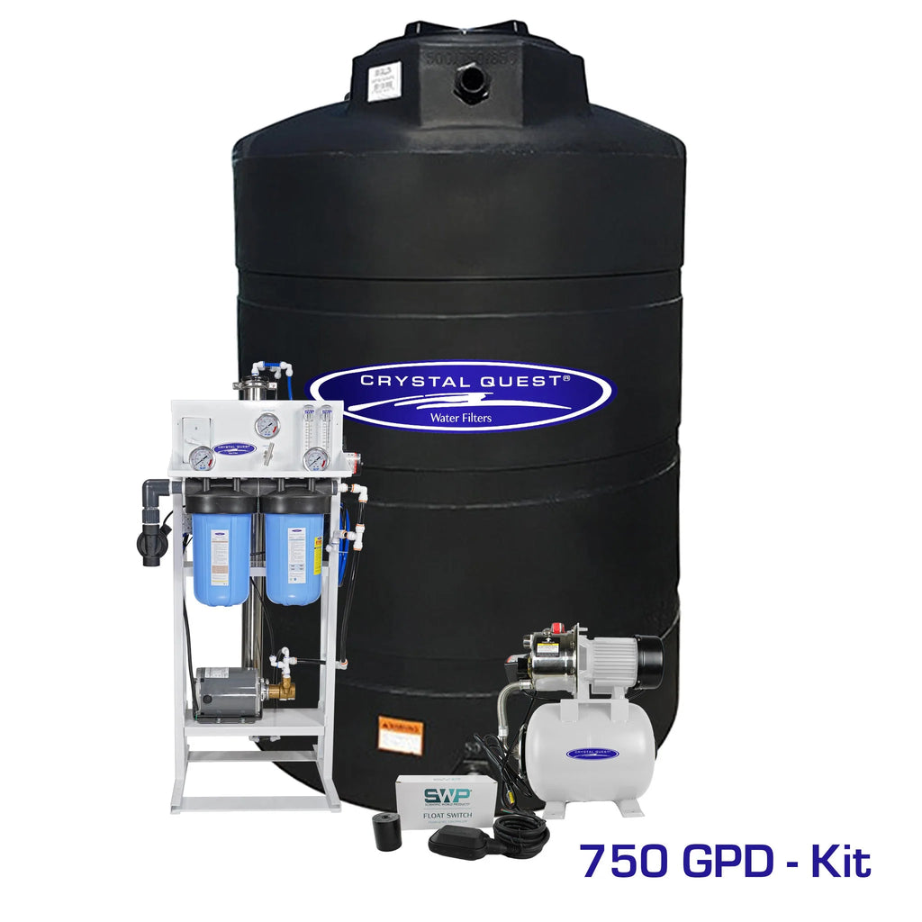 Crystal Quest Whole House RO System, 750 GPD, with large black 500-gallon storage tank.
