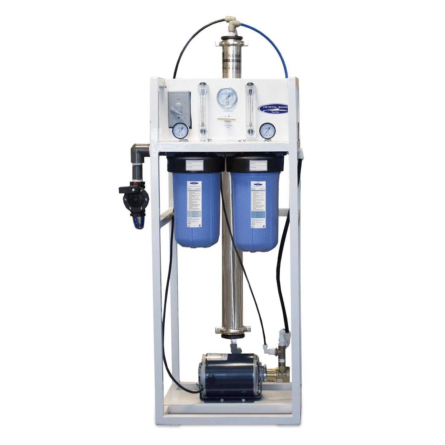 Crystal Quest Commercial 750 GPD RO system with white aluminum frame, blue filters, and brass rotary pump.